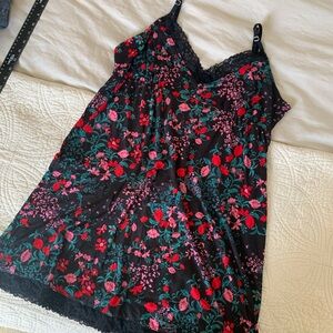 Floral Lace-Trim Chemise Slip - Black with Red & Pink Floral